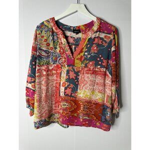 Jones NY Womens 1x Top Mixed Print Boho V-Neck Tie Sleeve Hippie Art to Wear